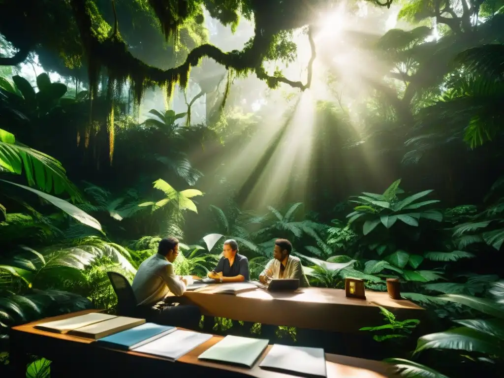 Exploradores en la selva: misterios ancestrales Un grupo de investigadores en una densa jungla, discutiendo sobre la extinción misteriosa del Dodo