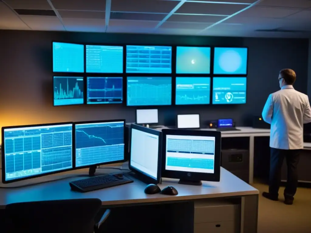 Un grupo de investigadores en una habitación tenue, rodeados de tecnología avanzada mientras desentrañan misterios paranormales