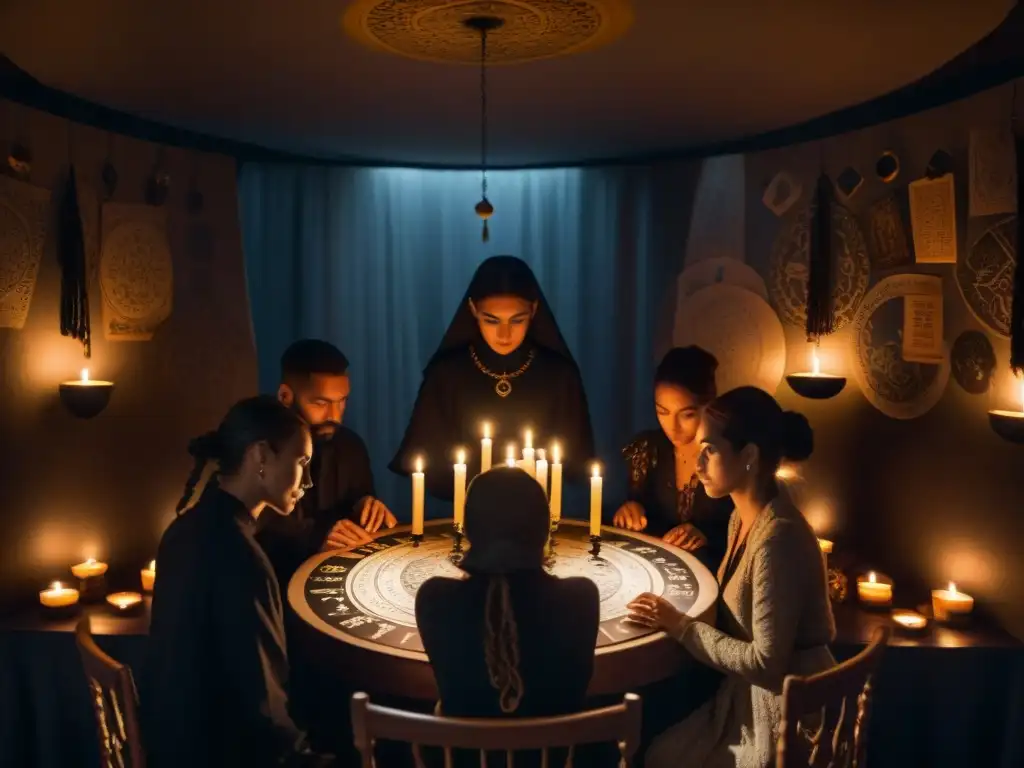 Rituales de misterio y simbología en una habitación sombría Un grupo en misterioso ritual alrededor de una mesa con tarot