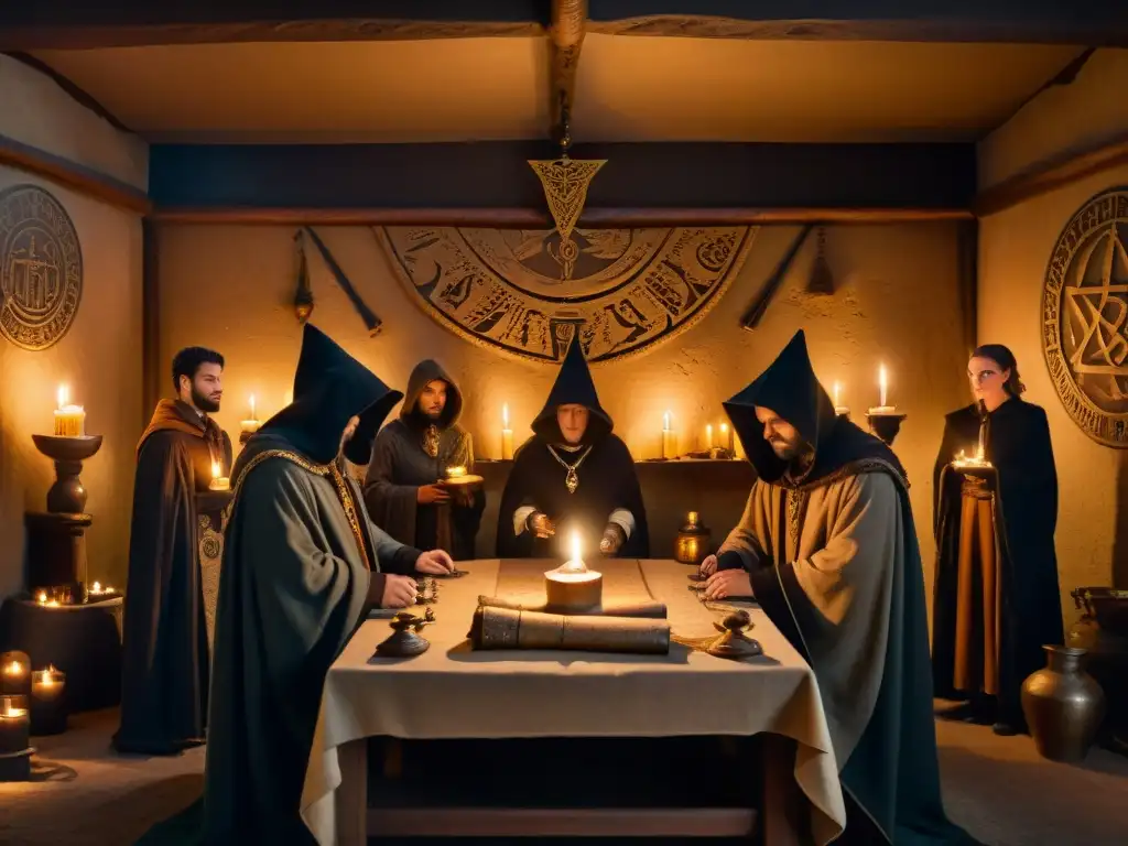 Rituales misteriosos en sala antigua: secretos alquímicos Grupo en misterioso taller de investigación paranormal con símbolos antiguos, velas y herramientas alquímicas