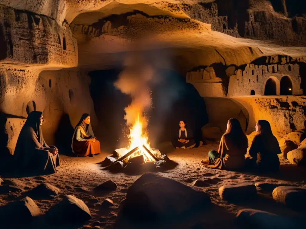 Rituales ancestrales: misterio y poder en la cueva de Zugarramurdi Un grupo de mujeres en misterioso ritual en cueva de Zugarramurdi, evocando los Misterios de las Brujas en Zugarramurdi