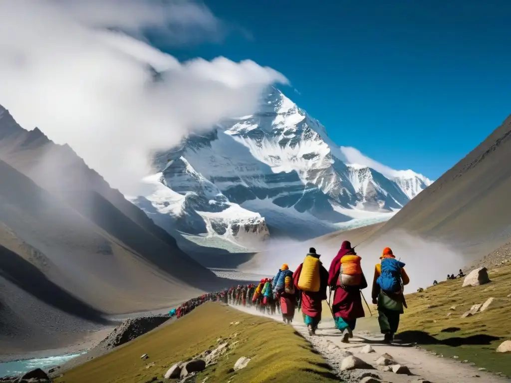 Peregrinación sagrada al pie del Monte Kailash Un grupo de peregrinos en atuendos tibetanos coloridos camina hacia el misterioso Monte Kailash Sagrado