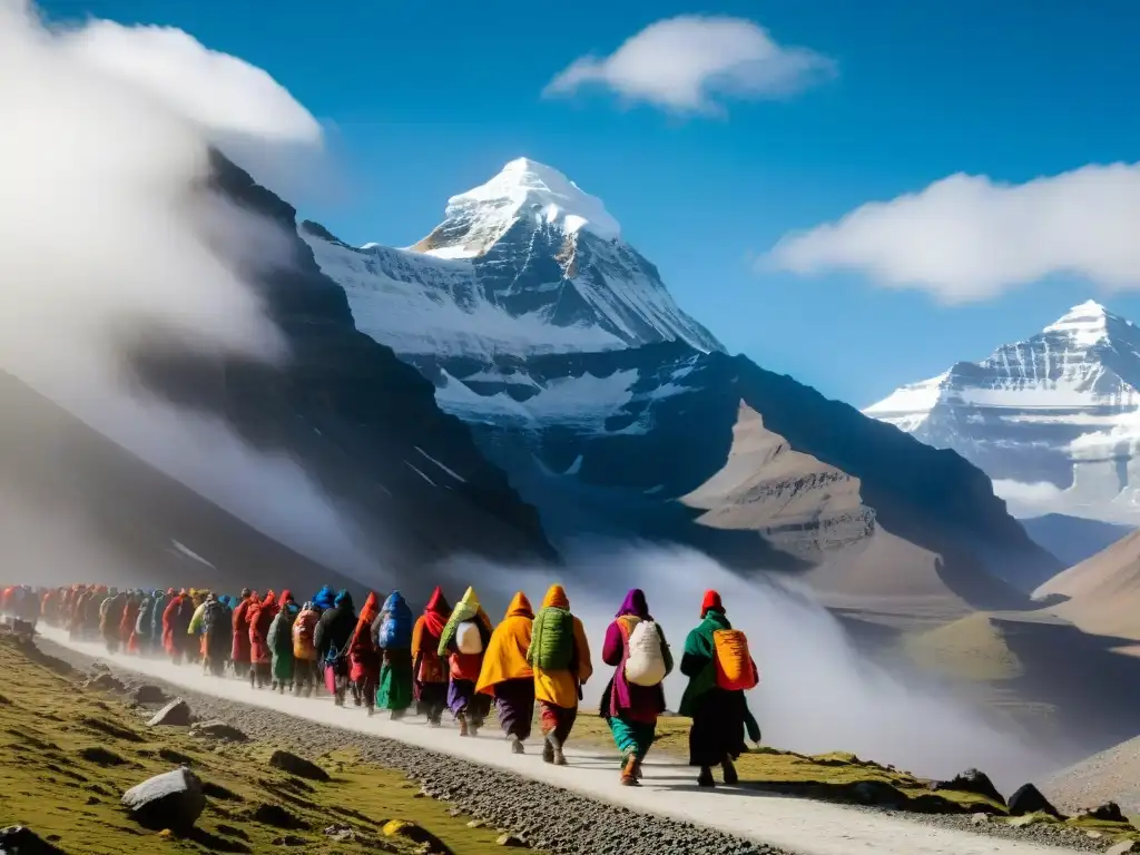 Peregrinación mística al Monte Kailash Grupo de peregrinos en ruta hacia el misterioso Monte Kailash Sagrados, vestidos de colores, portando banderas de oración y entonando mantras