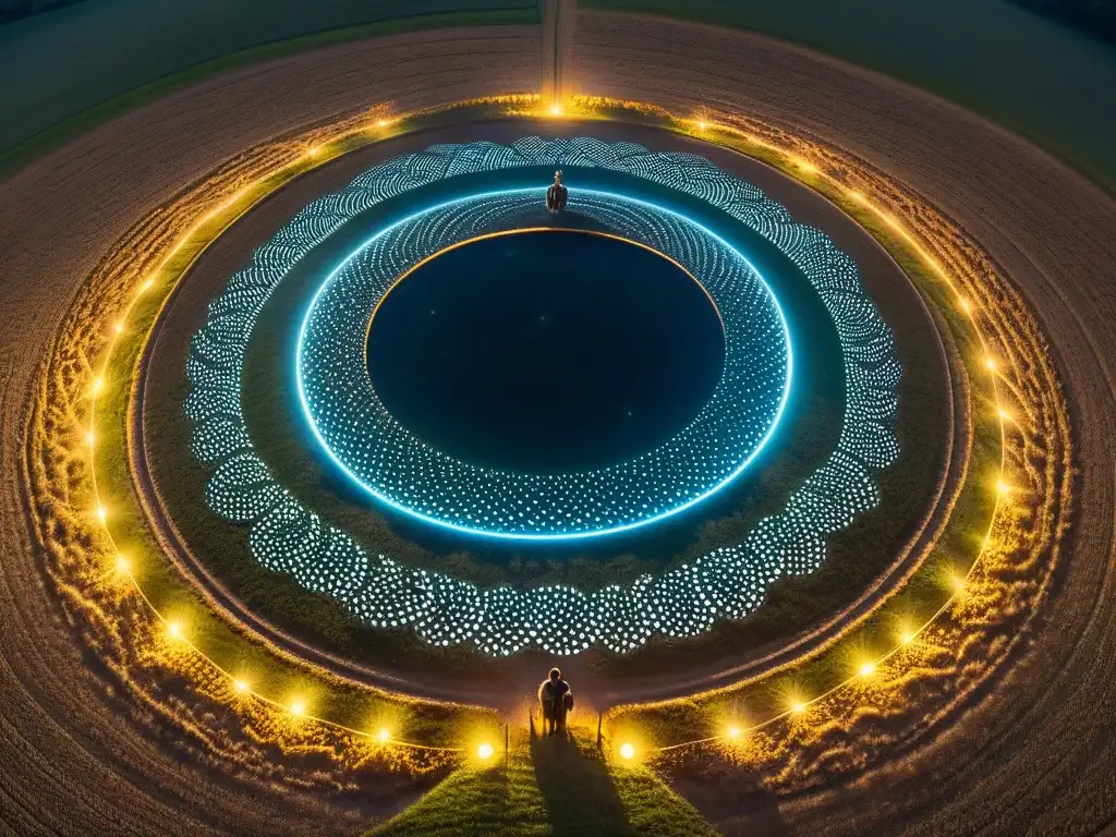 Grupo de personas rodeando un círculo de cultivo misterioso bajo la luz de la luna, con patrones geométricos iluminados por orbes brillantes