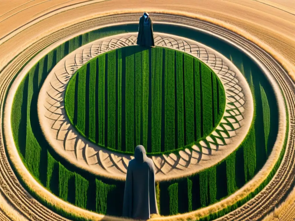 Un grupo de personas se reúne alrededor de un misterioso círculo de cultivo al amanecer
