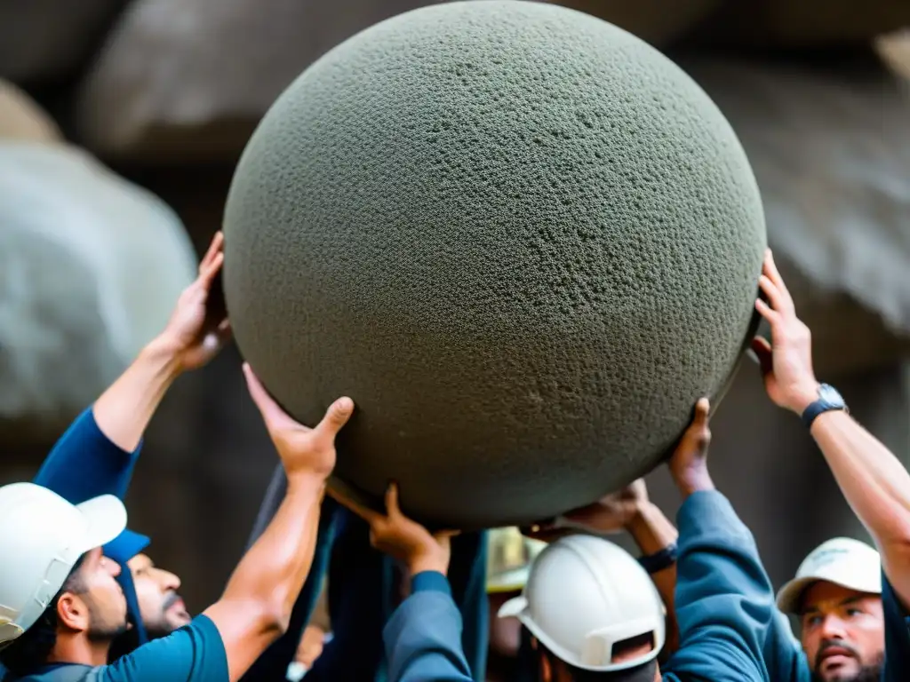 Transporte ancestral de esfera de piedra: fuerza y misterio Grupo de trabajadores transportando con cuidado una gigantesca esfera de piedra, mostrando la magnitud y peso del artefacto