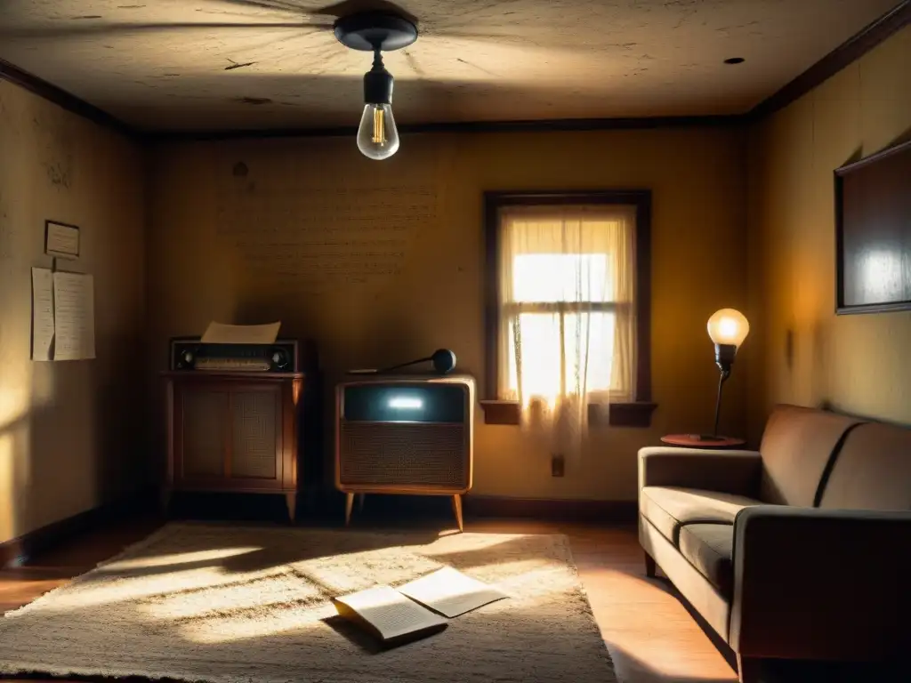 Una habitación sombría con muebles polvorientos, una radio estática y una nota misteriosa