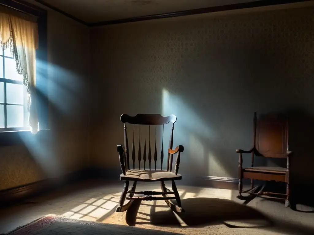 Una habitación sombría y polvorienta con muebles antiguos