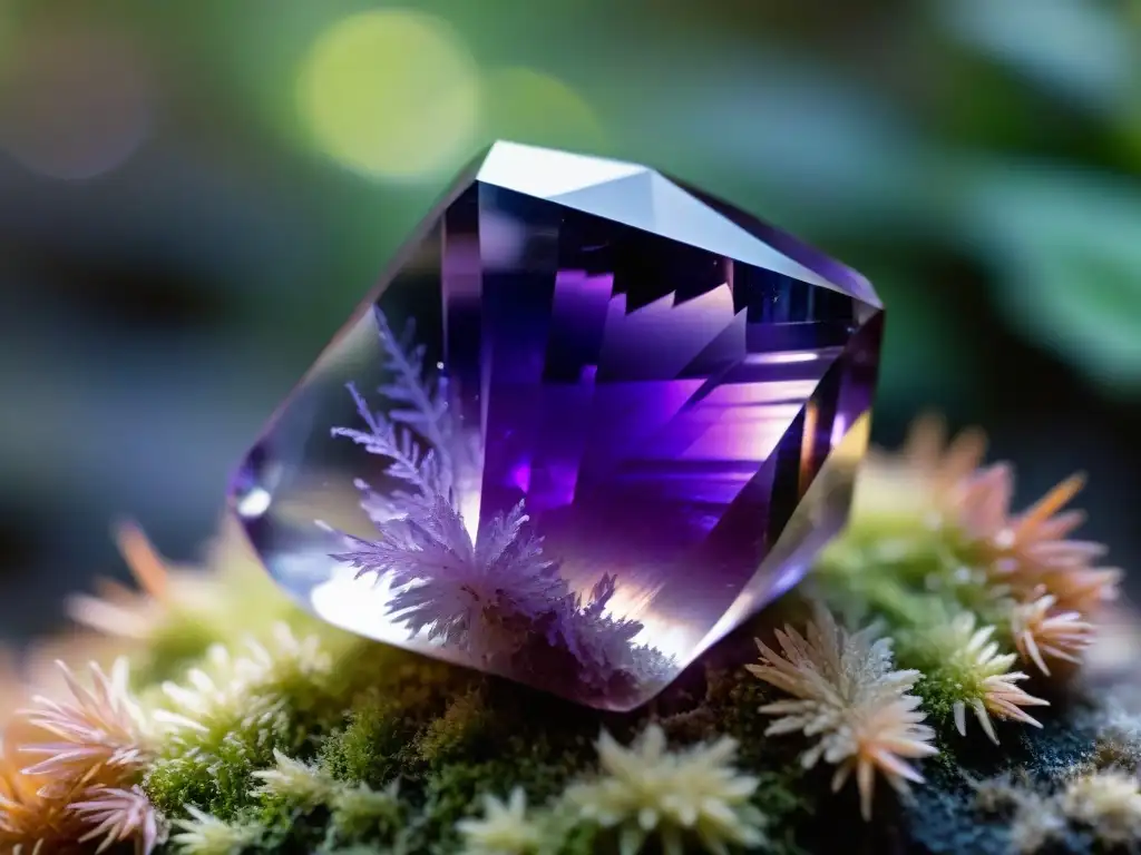 Amatista vibrante en musgo: belleza mística y relajante Una hermosa amatista sobre musgo, reflejando luz