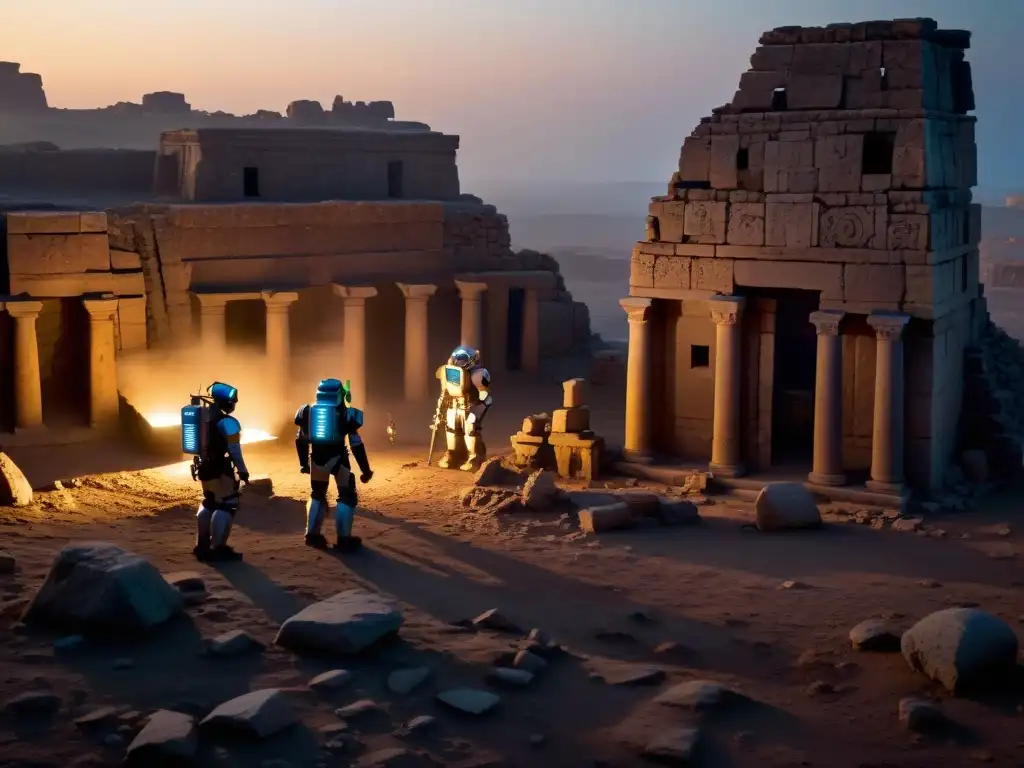 Exploración robótica en ruinas antiguas al anochecer Exploración histórica con robots en ruinas antiguas al anochecer, misterio y tecnología avanzada