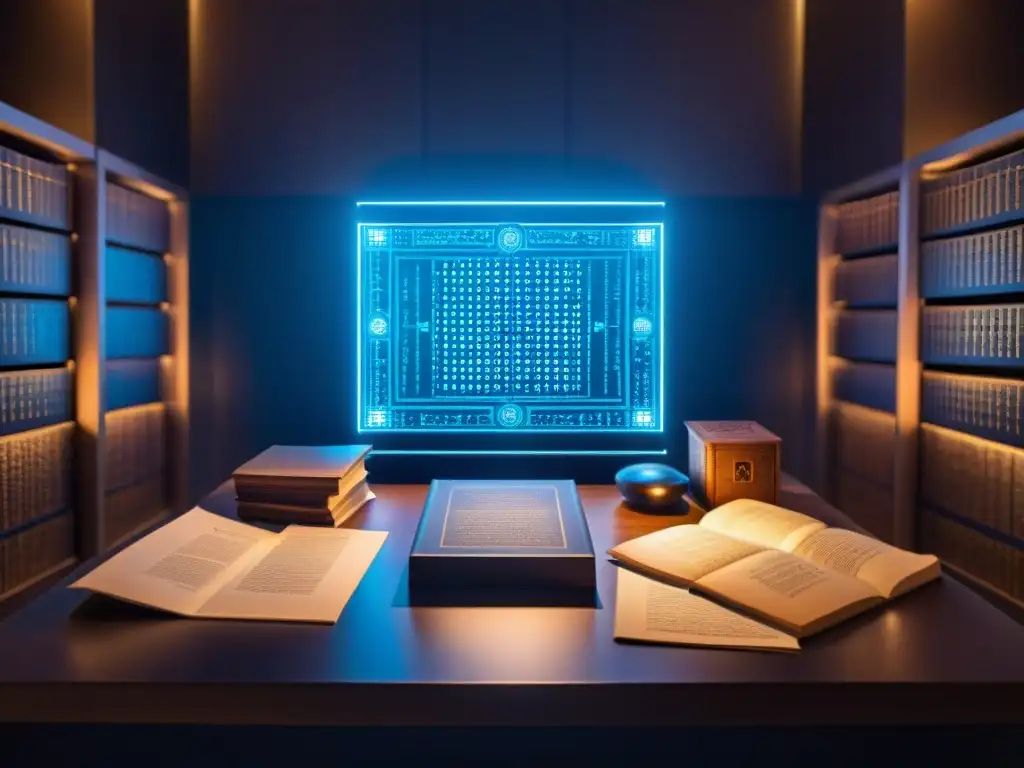 Supercomputadora analiza artefactos antiguos en sala misteriosa Una IA futurista analiza misterios históricos en una sala llena de artefactos y documentos antiguos