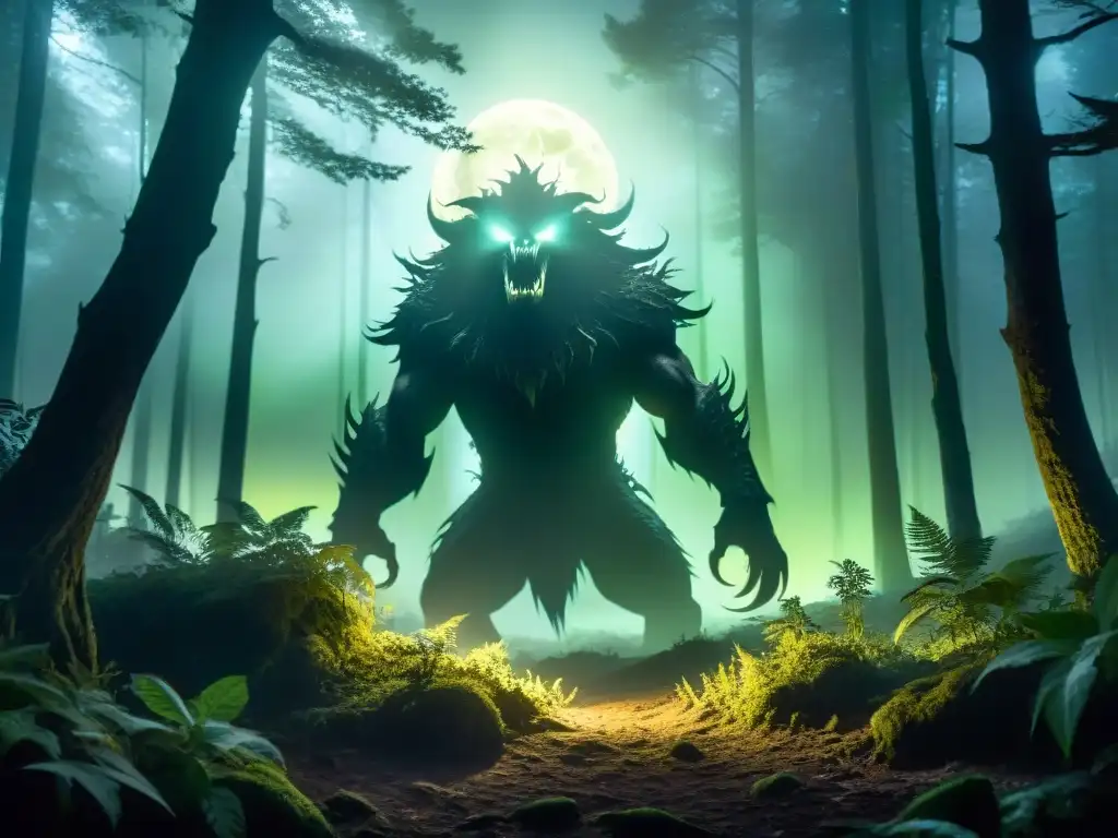 Una ilustración detallada del bosque iluminado por la luna en Gévaudan, con la Bestia misteriosa acechando entre las sombras
