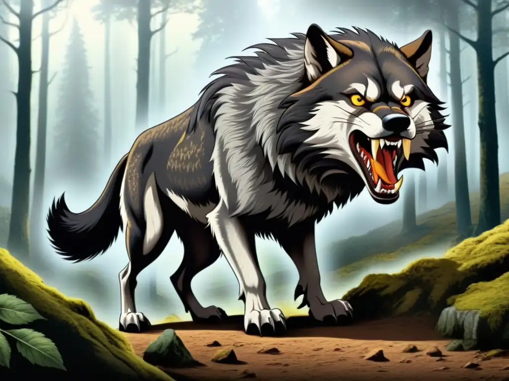 Una ilustración detallada de la infame Bestia de Gévaudan en el misterioso bosque del siglo XVIII