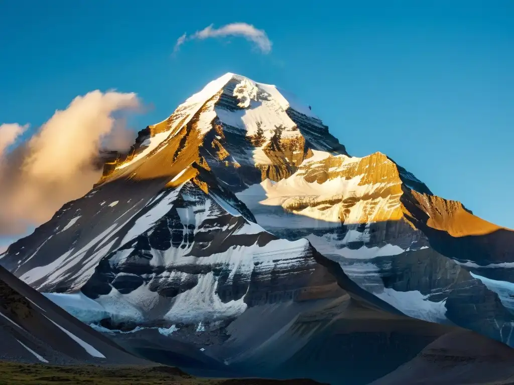 Majestuosidad del Monte Kailash al amanecer: detalle y espiritualidad Imagen detallada del majestuoso Monte Kailash al amanecer, con su cumbre nevada brillando bajo la luz dorada