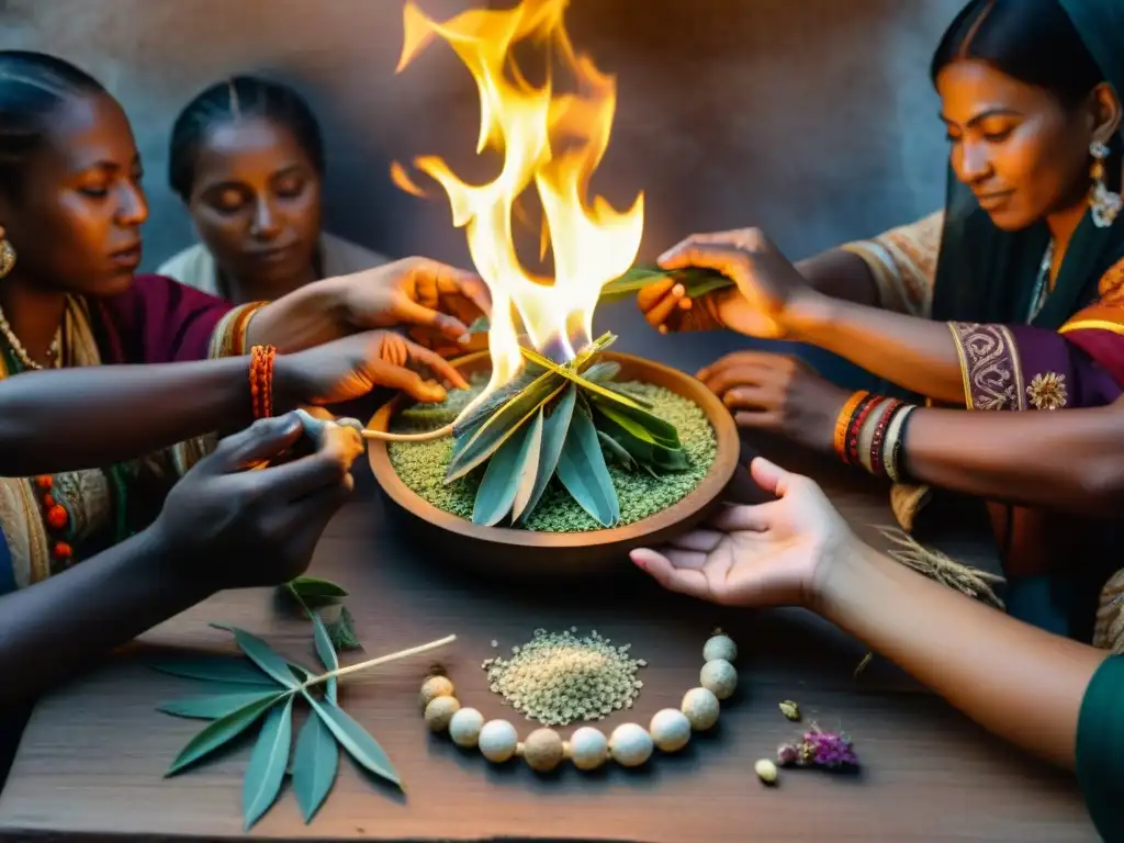 Imagen detallada de personas de distintas culturas practicando creencias supersticiosas y salud física en un ambiente misterioso