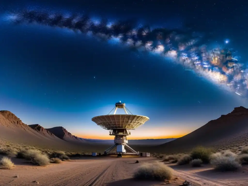 Una imagen detallada de un vasto cielo estrellado en el desierto, con un radiotelescopio buscando señales extraterrestres ignoradas civilizaciones