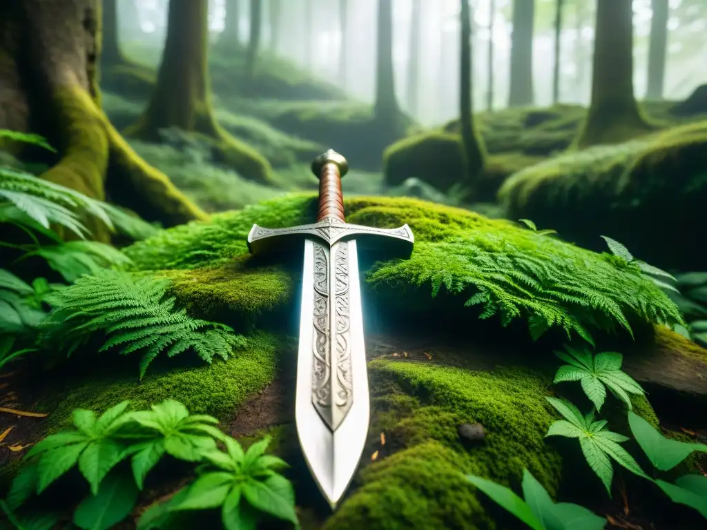 Excalibur: espada legendaria en místico bosque La imagen muestra una espada antigua en piedra, en un bosque místico