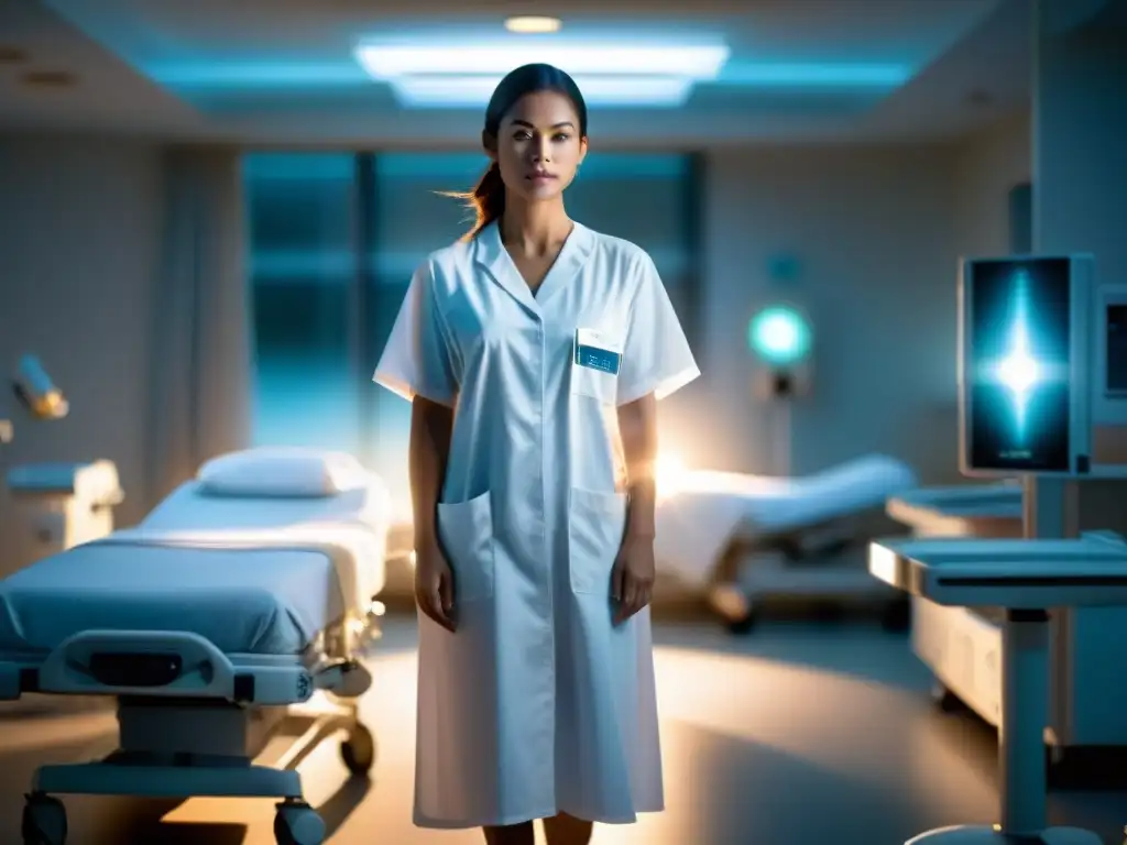 Una imagen etérea de una persona en bata blanca en una experiencia cercana a la muerte, rodeada de luz brillante en una habitación de hospital borrosa