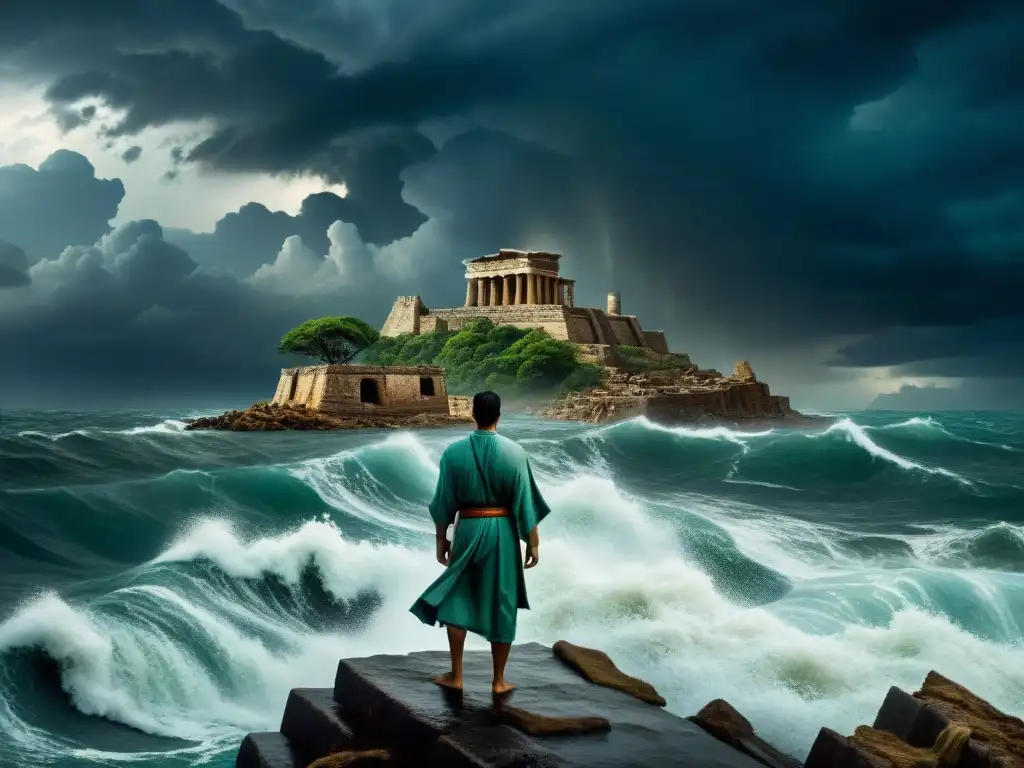 Imagen impactante de un océano turbulento bajo un cielo tormentoso con ruinas antiguas, evocando los Mitos Diluvio Universal Paralelismos