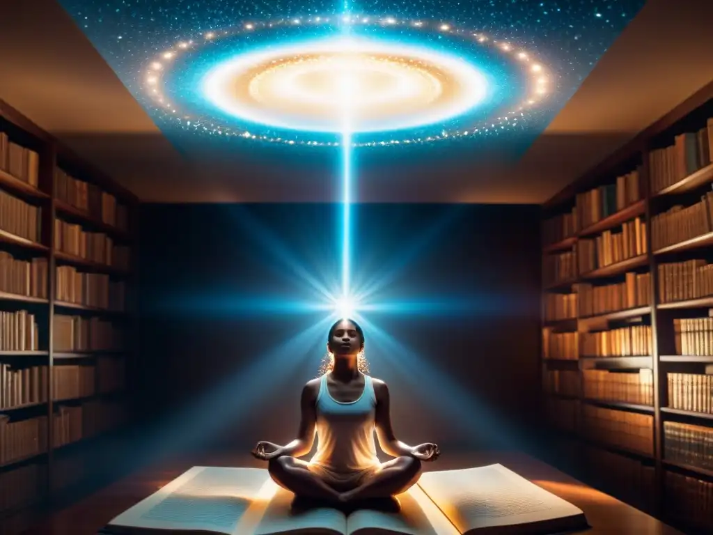 Una imagen misteriosa de proyección astral: viajes del alma en un cuarto lleno de simbología y luz brillante