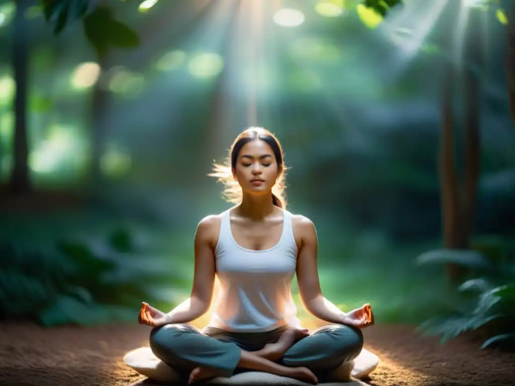 Una imagen mística de meditación profunda con luz etérea, transmitiendo paz interior y conexión espiritual
