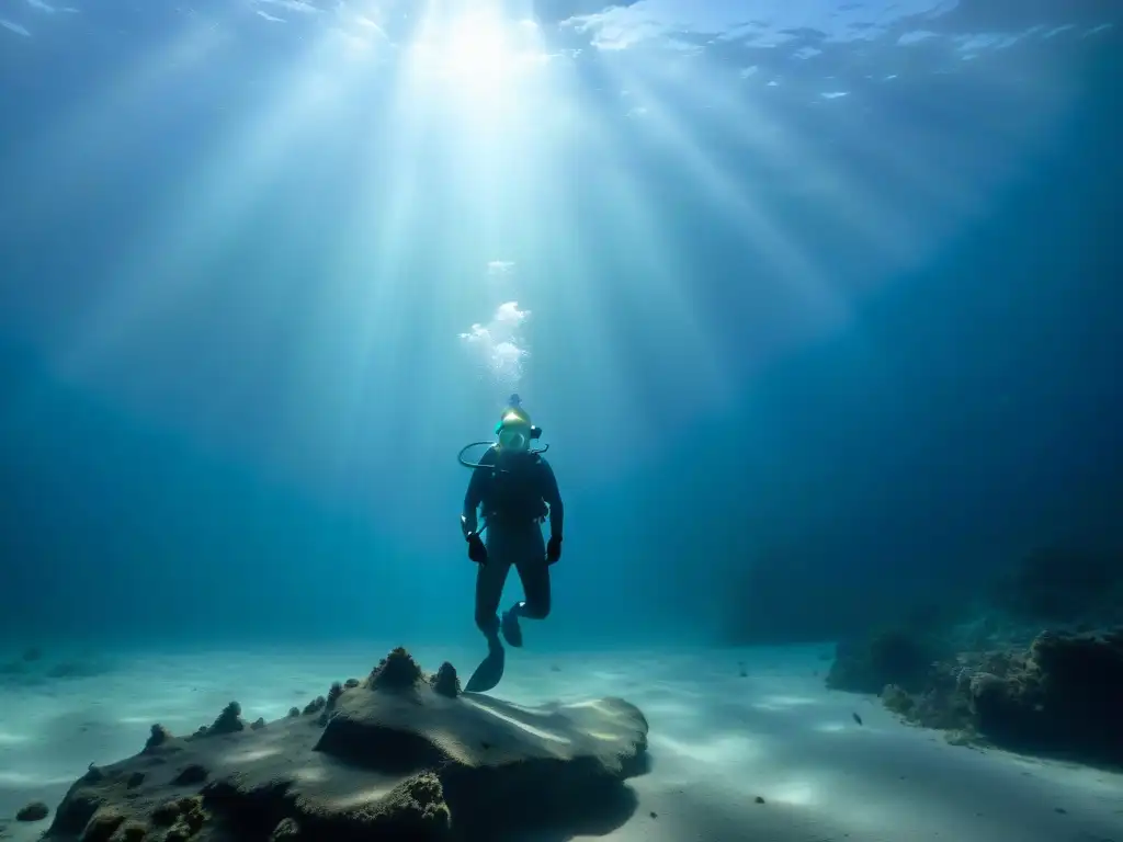 Profundidades misteriosas: encuentro con criatura marina ancestral Imagen submarina: misterioso ser marino y buceador en las profundidades, reflejando el origen y misterio del Bloop