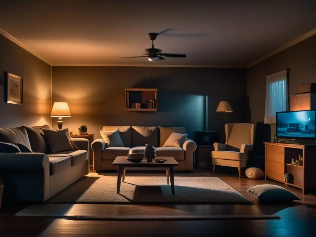 Escena paranormal: familia aterrada por poltergeist en sala iluminada Impactante escena de un salón con muebles flotando y una familia asustada por actividad poltergeist