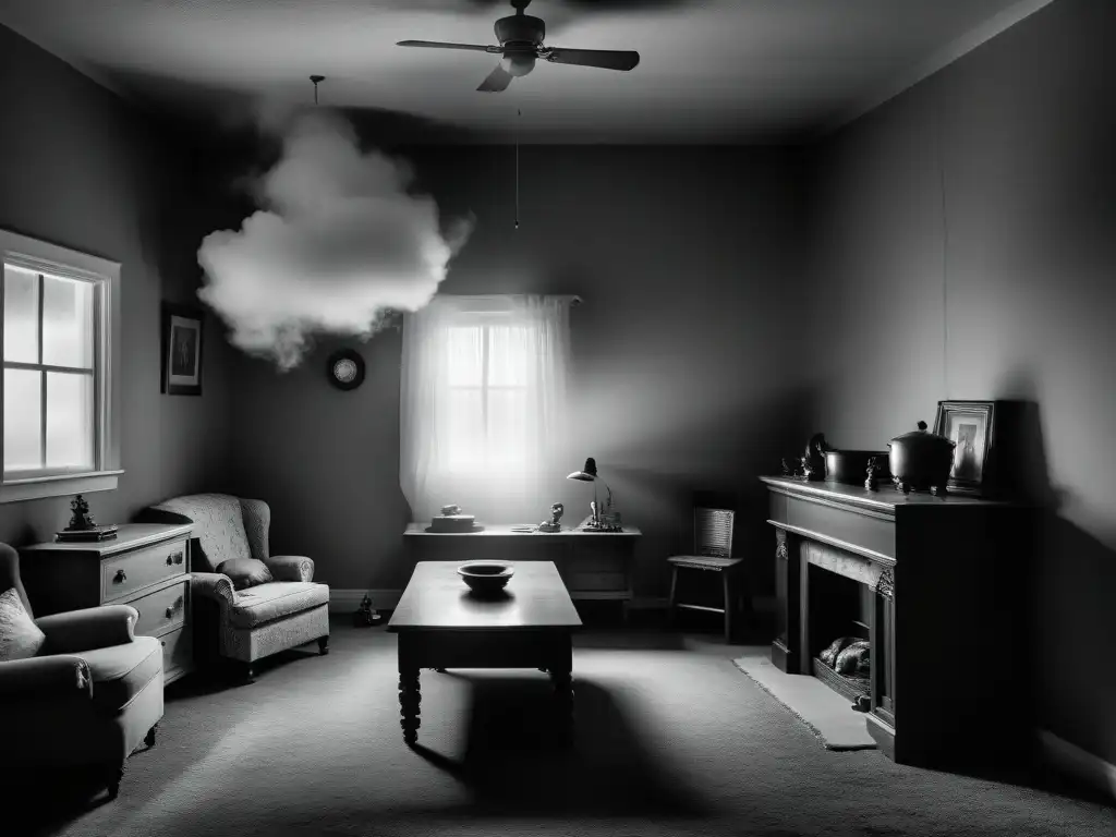 Escena paranormal: Familia aterrada en casa embrujada Impactante escena de terror con familia asustada por efectos del poltergeist en sus vidas