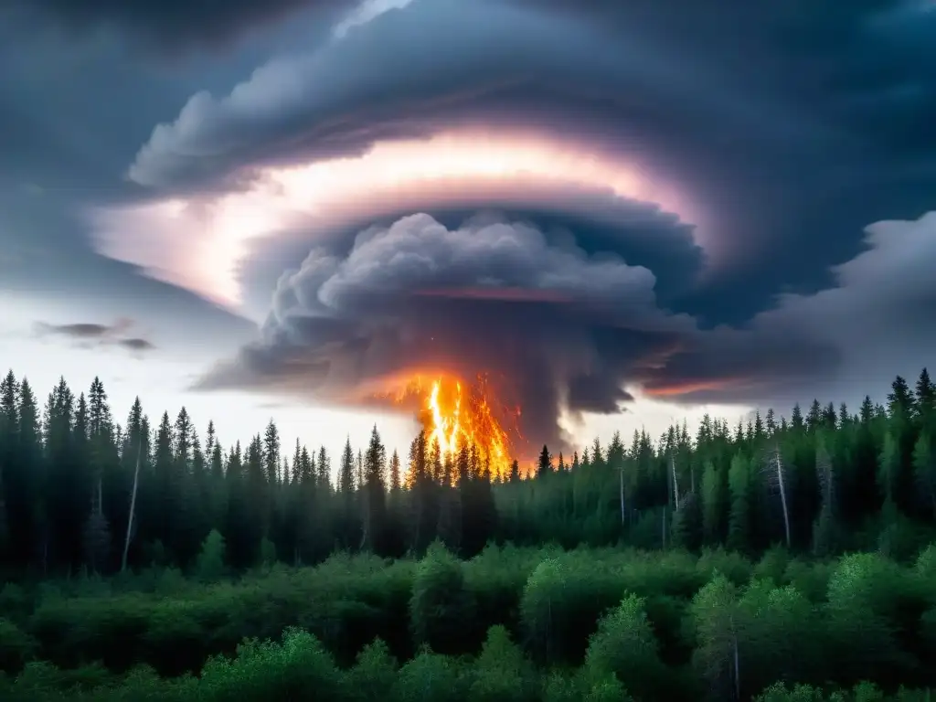 Explosión en Tunguska: Impacto devastador en el bosque siberiano Impactante explosión en Tunguska: bosque siberiano denso y oscuro, con objeto luminoso y devastación