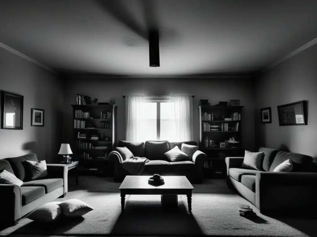 Presencia paranormal: Familia aterrada en sala encantada Impacto poltergeist en familias: Familia aterrada en sala caótica con objetos flotando y sombras ominosas