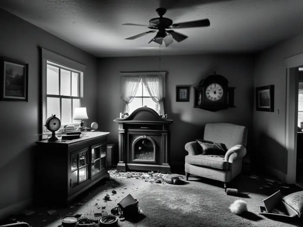 Presencia sobrenatural: Familia aterrorizada en casa embrujada Impacto del poltergeist en familias: Familia aterrorizada en una sala desordenada y sombría, enfrentando una presencia sobrenatural a medianoche