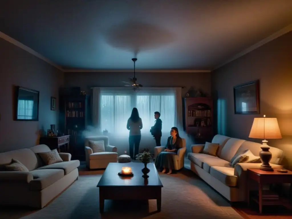 Escena paranormal: familia aterrorizada en salón embrujado Impacto poltergeist en familias: familia aterrorizada observa caos paranormal en sala iluminada
