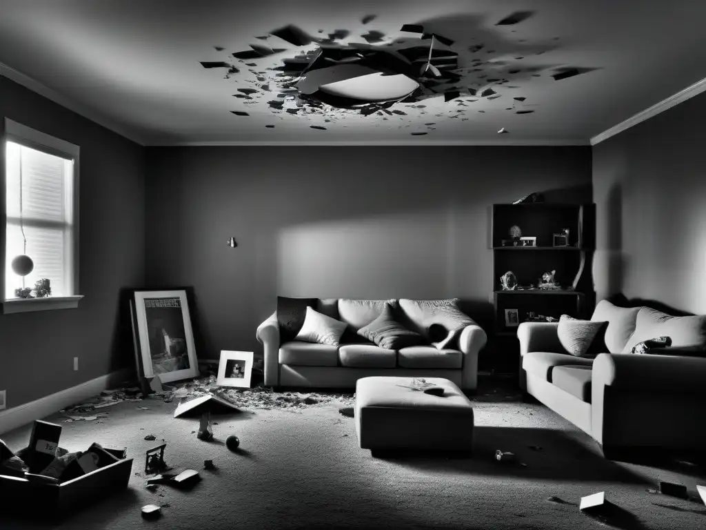 Manifestación paranormal: Fantasma en sala caótica Impacto poltergeist en familias: Una figura fantasmal se levanta en una sala caótica y sombría, juguetes y marcos rotos esparcidos