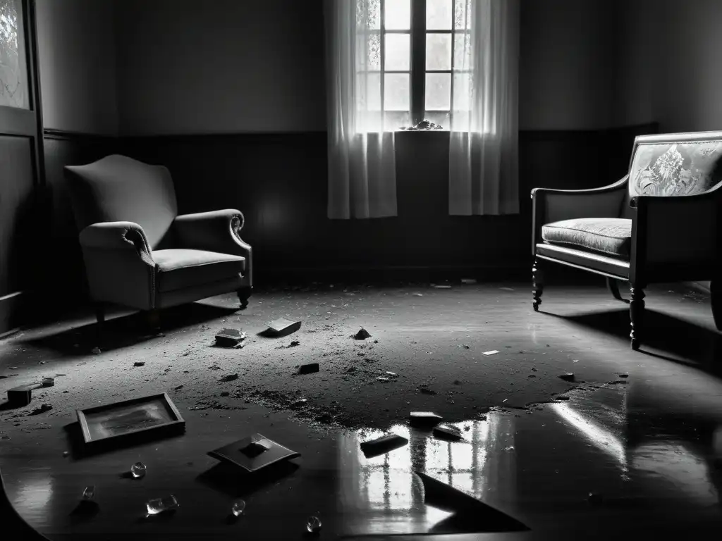 Presencia paranormal en sala antigua: impactante Impacto poltergeist en familias: Sala antigua desordenada y sombría, con muebles destrozados y vidrios esparcidos en el suelo