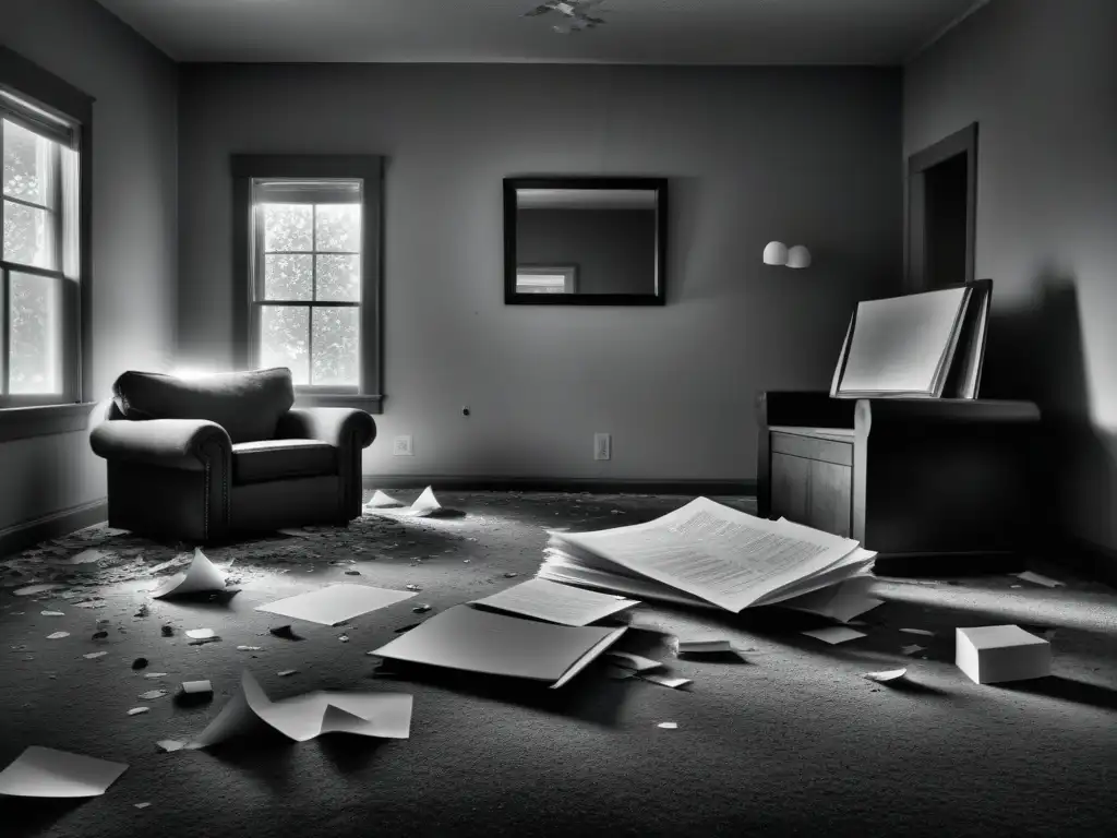 Misterio sobrenatural: caos en la sala con espejo roto Impacto poltergeist en familias: Sala desordenada y misteriosa, con muebles volcados y espejo roto en el suelo, envuelta en una niebla sutil
