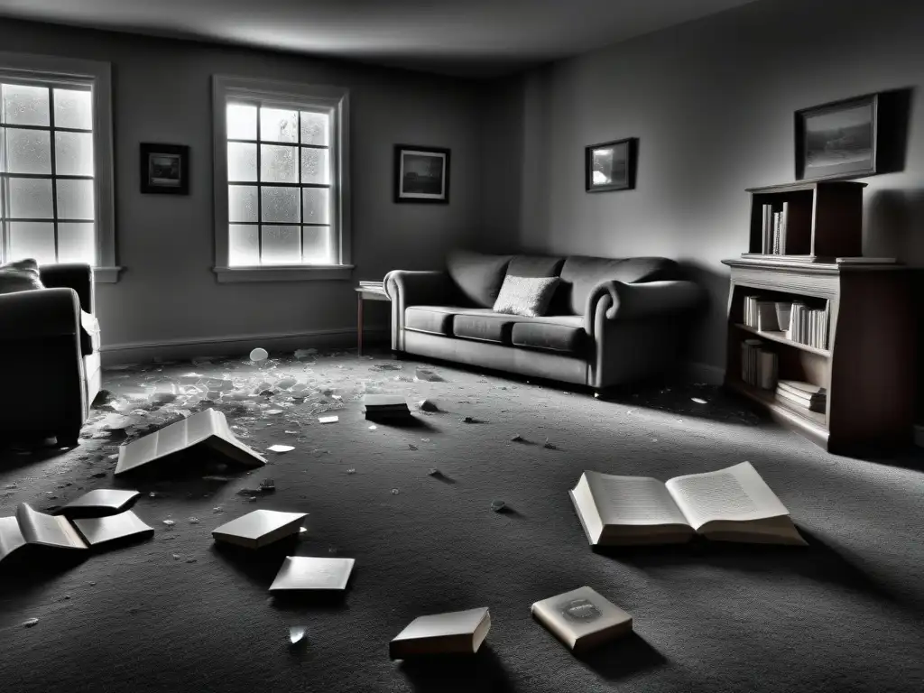 Escena de terror: salón antiguo tras disturbio paranormal Escena impacto poltergeist en familias: sala antigua con muebles volcados, vidrios rotos y libros desordenados, envuelta en una niebla misteriosa