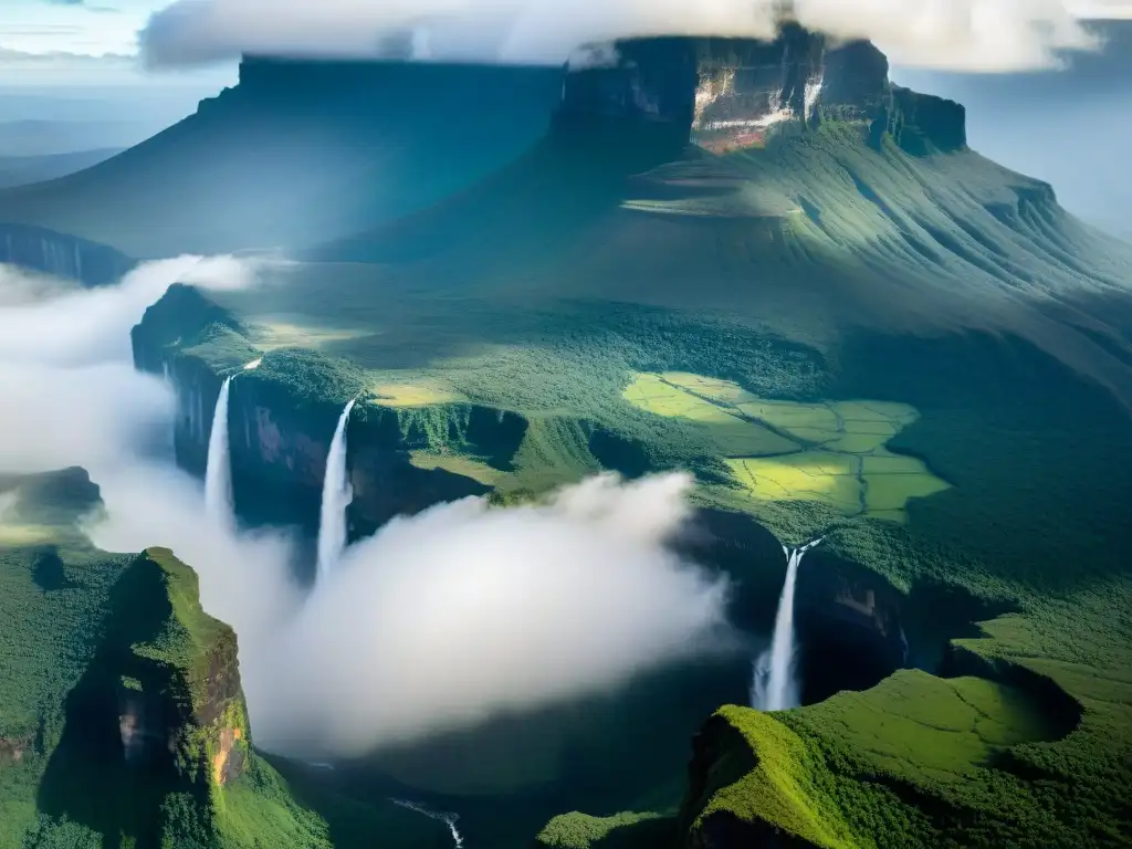 Majestuoso Monte Roraima: Misterio y Maravilla en la Naturaleza Imponente cima del Monte Roraima envuelta en misterio, inspiración y secretos, rodeada de exuberante vegetación y cascadas