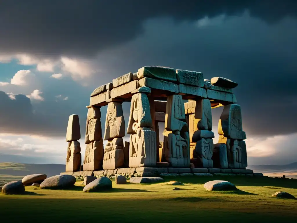 Megalito antiguo: misterio y grandiosidad en 8k Imponente construcción megalítica de piedras vivas en un cielo dramático, exudando misterios y grandiosidad ancestral