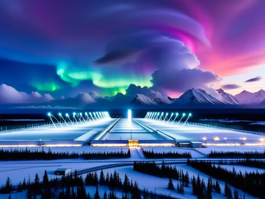 HAARP en Alaska: Antenas y Auroras en Alta Resolución Imponente HAARP: cielo dramático, auroras coloridas danzan sobre antenas altas