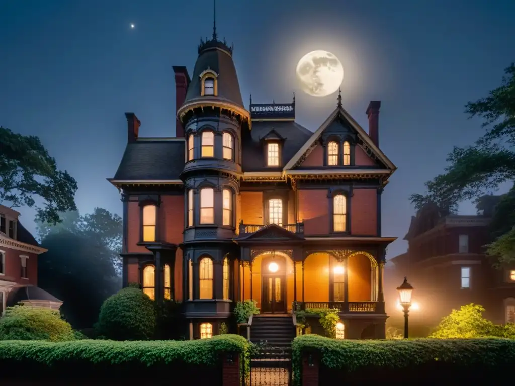 Victoria Mansion en la niebla: atmósfera misteriosa Imponente mansión victoriana en la Calle Franklin envuelta en niebla con la luna iluminando su arquitectura, evocando misterio