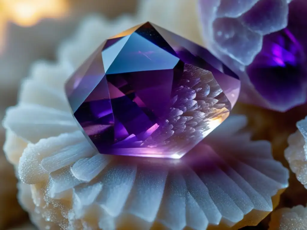 Amatista misteriosa: belleza natural y energía sanadora Una impresionante amatista sobre cuarzo brillante, iluminada por un resplandor etéreo