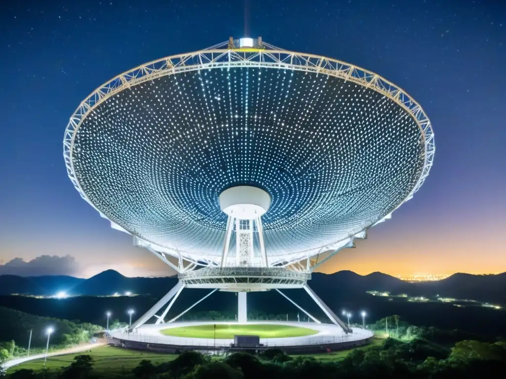 Impresionante telescopio iluminado por la luna, apuntando al cielo estrellado en búsqueda de señales extraterrestres ignoradas civilizaciones