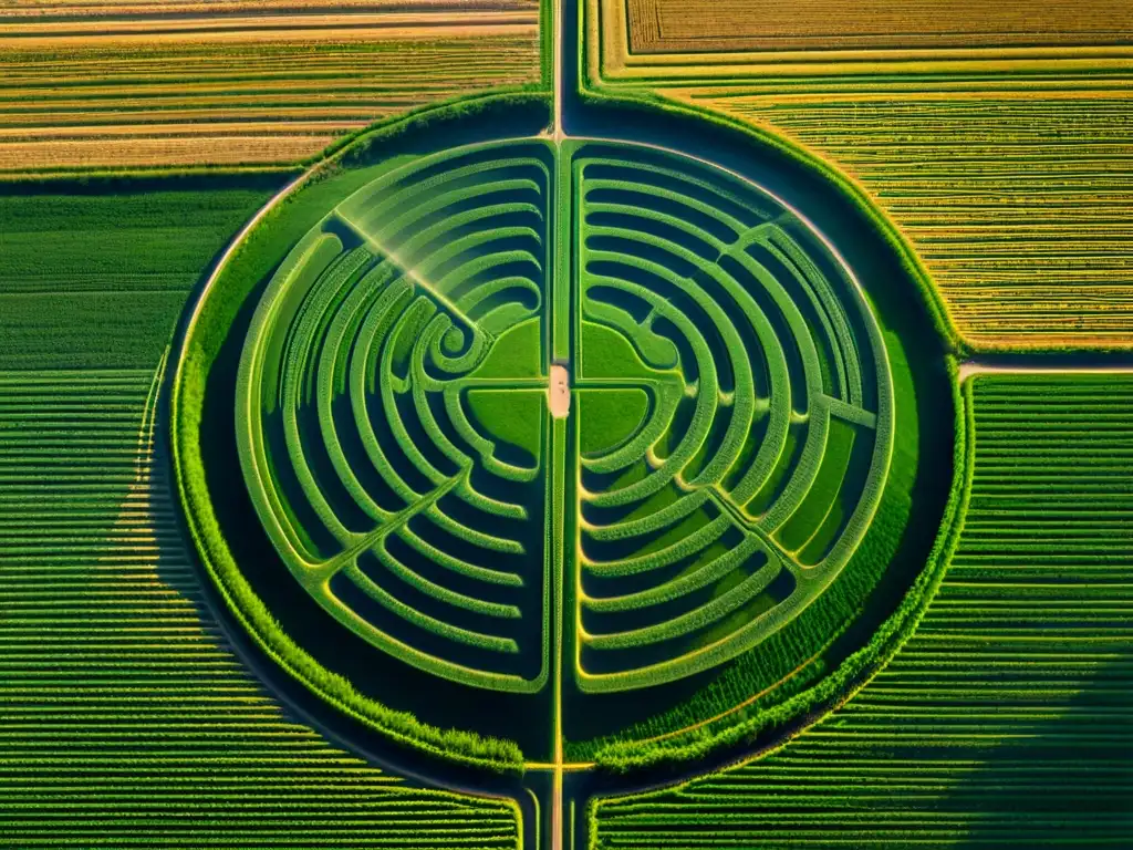 Crop circle misterioso y cautivador al amanecer Increíble formación de círculos de cultivos en campo de trigo al amanecer