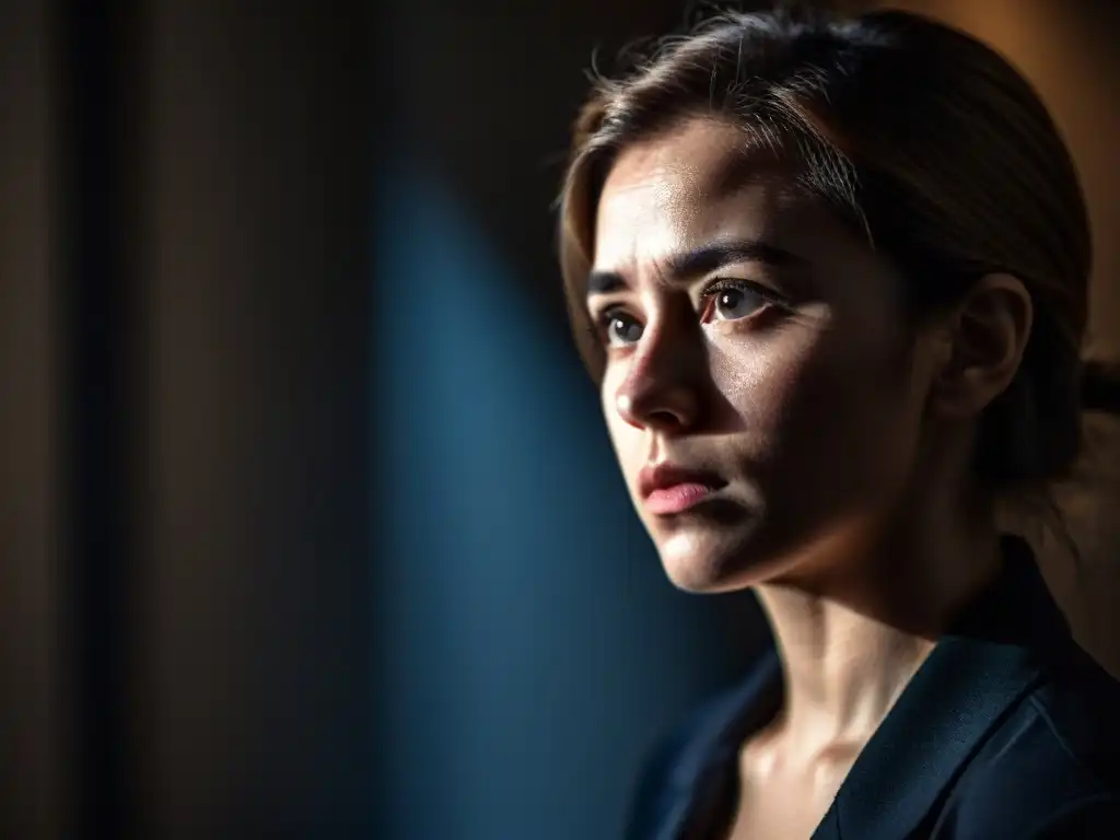 Un individuo mira nerviosamente sobre su hombro en una habitación sombría, destacando el estigma social de reportar FANI