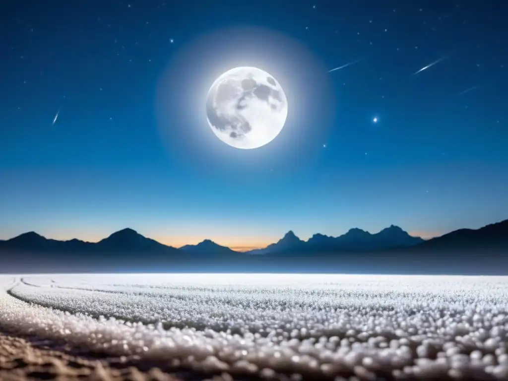 Campo cristalino bajo luna llena: curación celestial Influencia lunar en cristales: Campo de cristales bajo la luz de la luna, irradiando energía mística y sanadora