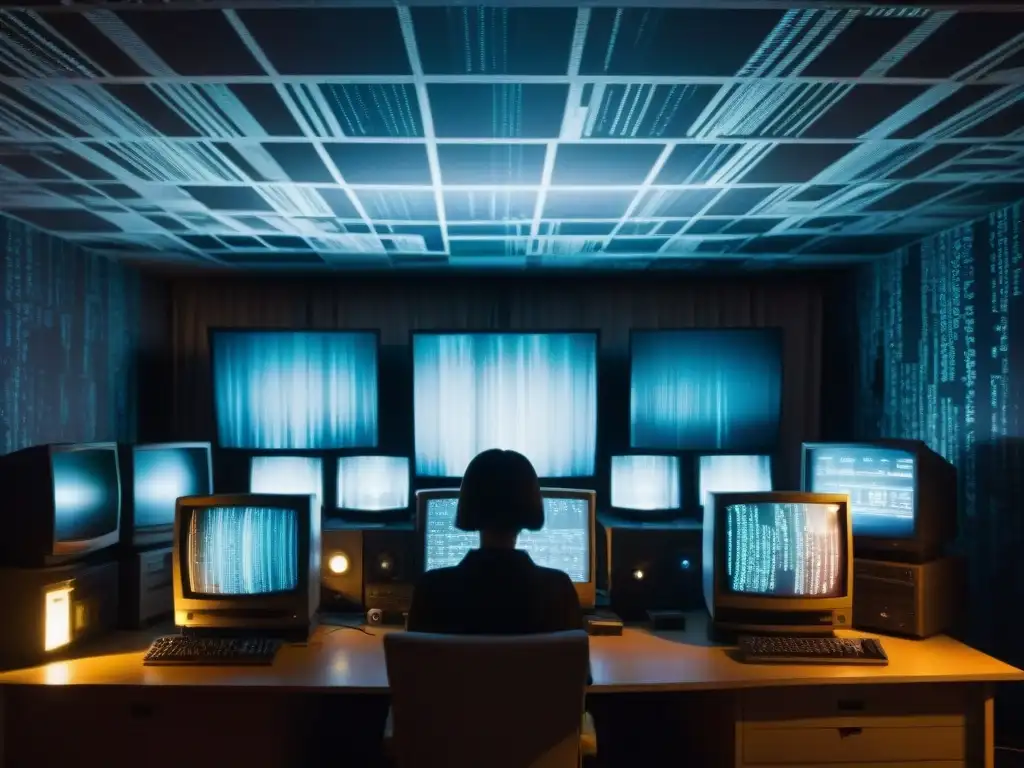 Salón vintage: monitores fantasmales y mensajes codificados Un inquietante cuarto con monitores antiguos, figuras fantasmales y mensajes codificados
