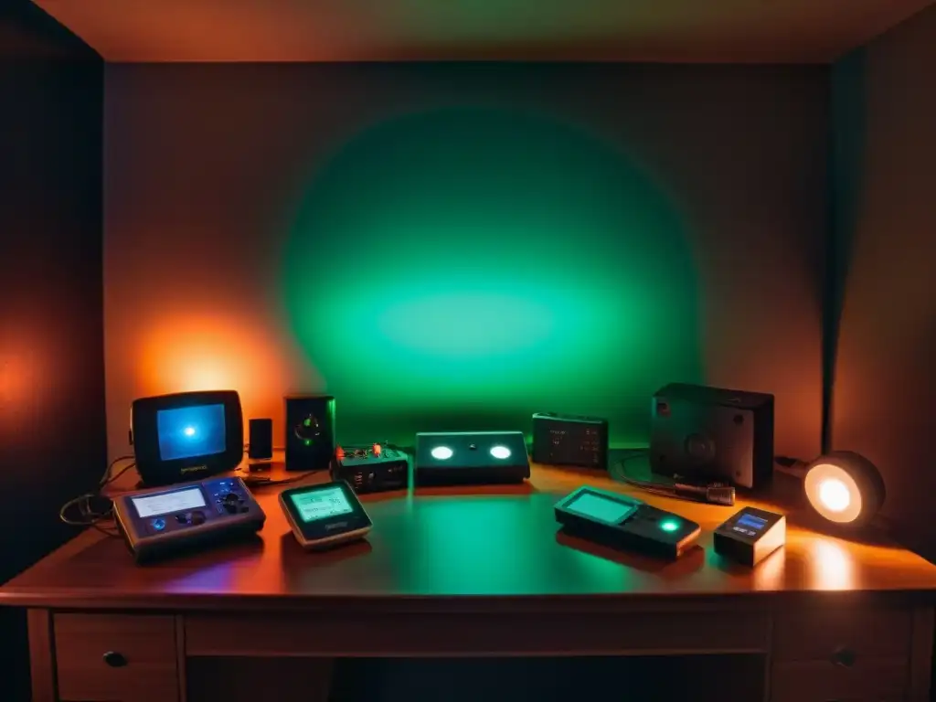 Equipo de investigación paranormal en una habitación misteriosa Inquietante escena de un cuarto con Equipamiento para investigación paranormal iluminado en la oscuridad