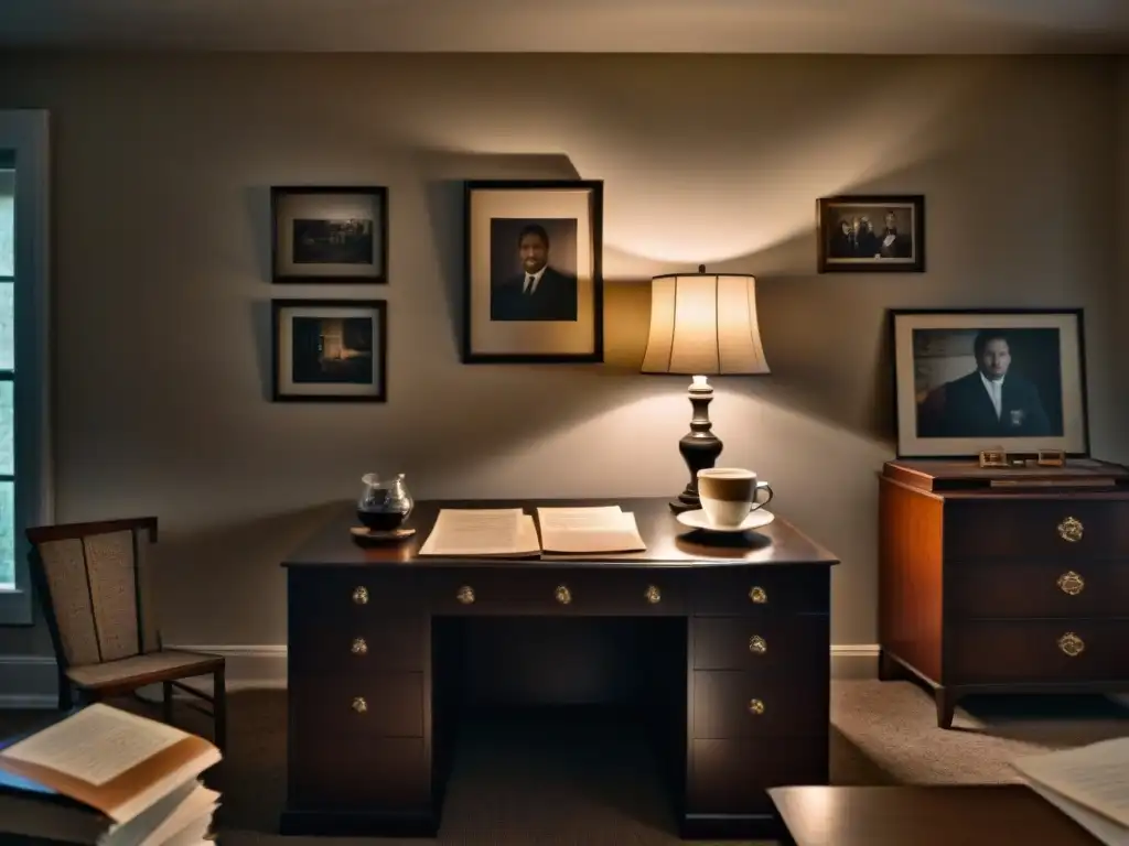 Intrigante escena de una habitación con papeles dispersos, taza de café a medias, lámpara parpadeante y retrato familiar volcado y roto