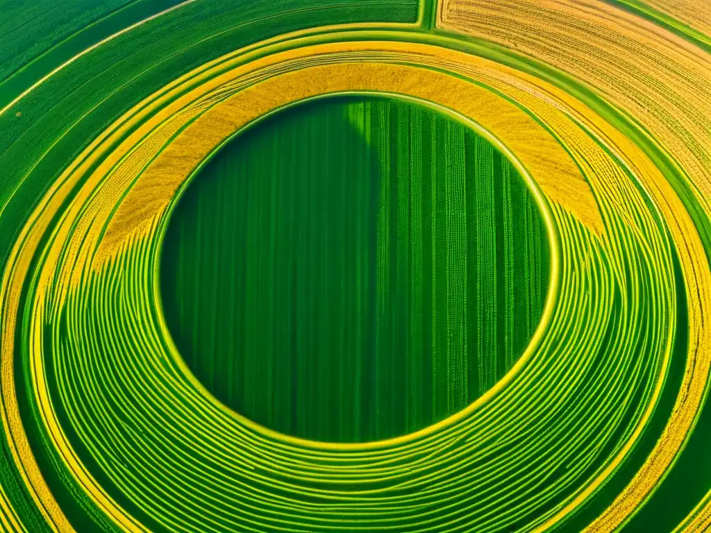 Misterioso diseño geométrico en campo de trigo dorado Intrigante formación de círculos de cultivos en campo de trigo dorado bajo el sol