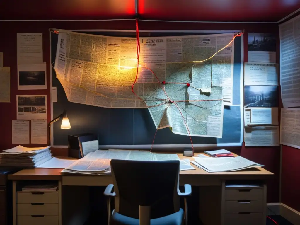 La red de misterio: habitación con mapas y conexiones Un intrigante mural de conexiones entre FANI y desapariciones, revelando un misterio profundo y enigmático en una habitación tenue y caótica